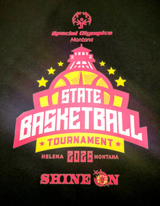 Black Short Sleeve T-shirt with Hot Pink State Basketball Tournament logo