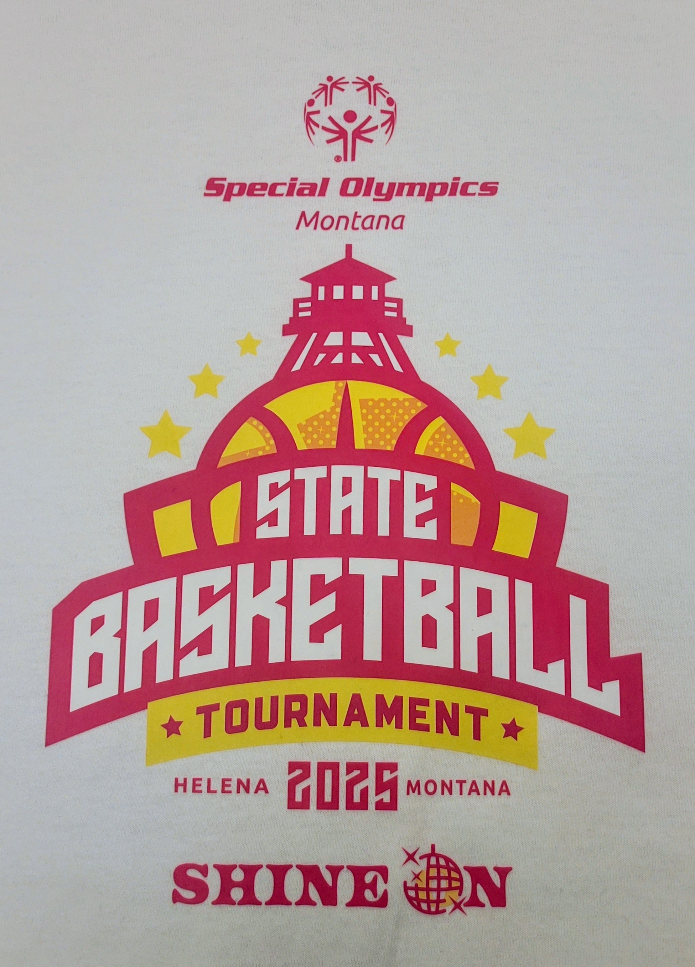 White Short Sleeve T-shirt with Hot Pink State Basketball Tournament logo