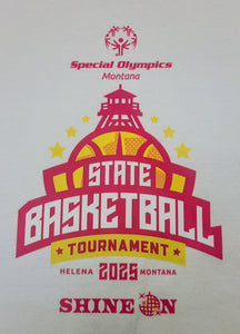 White Short Sleeve T-shirt with Hot Pink State Basketball Tournament logo