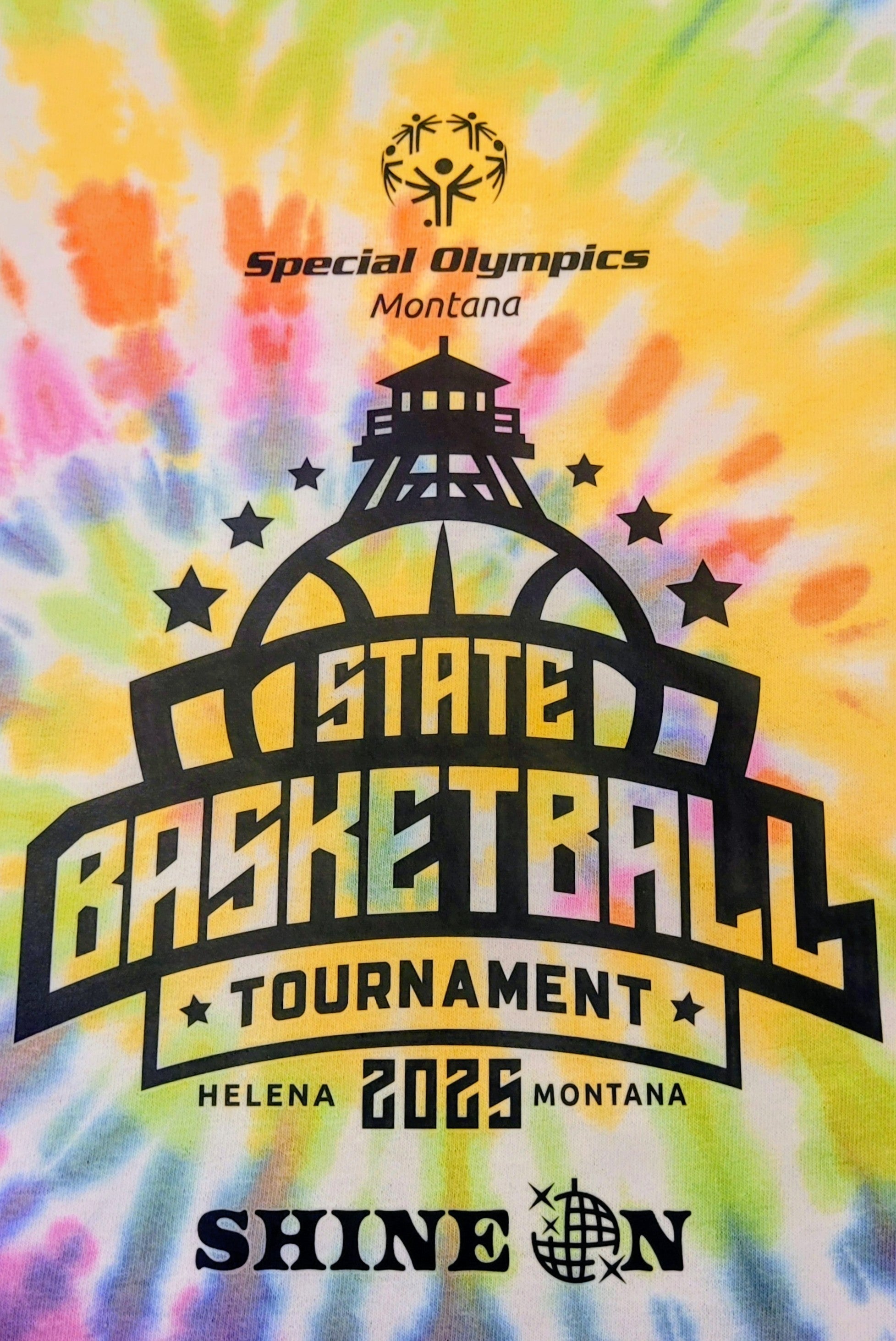 Rainbow Tie-Dye Short Sleeve T-shirt with 2025 State Basketball Tournament logo