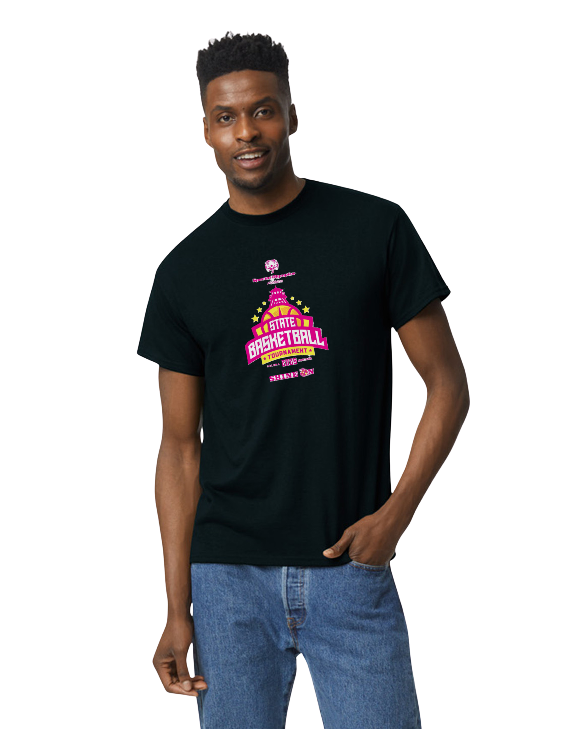 Black Short Sleeve T-shirt with Hot Pink State Basketball Tournament logo