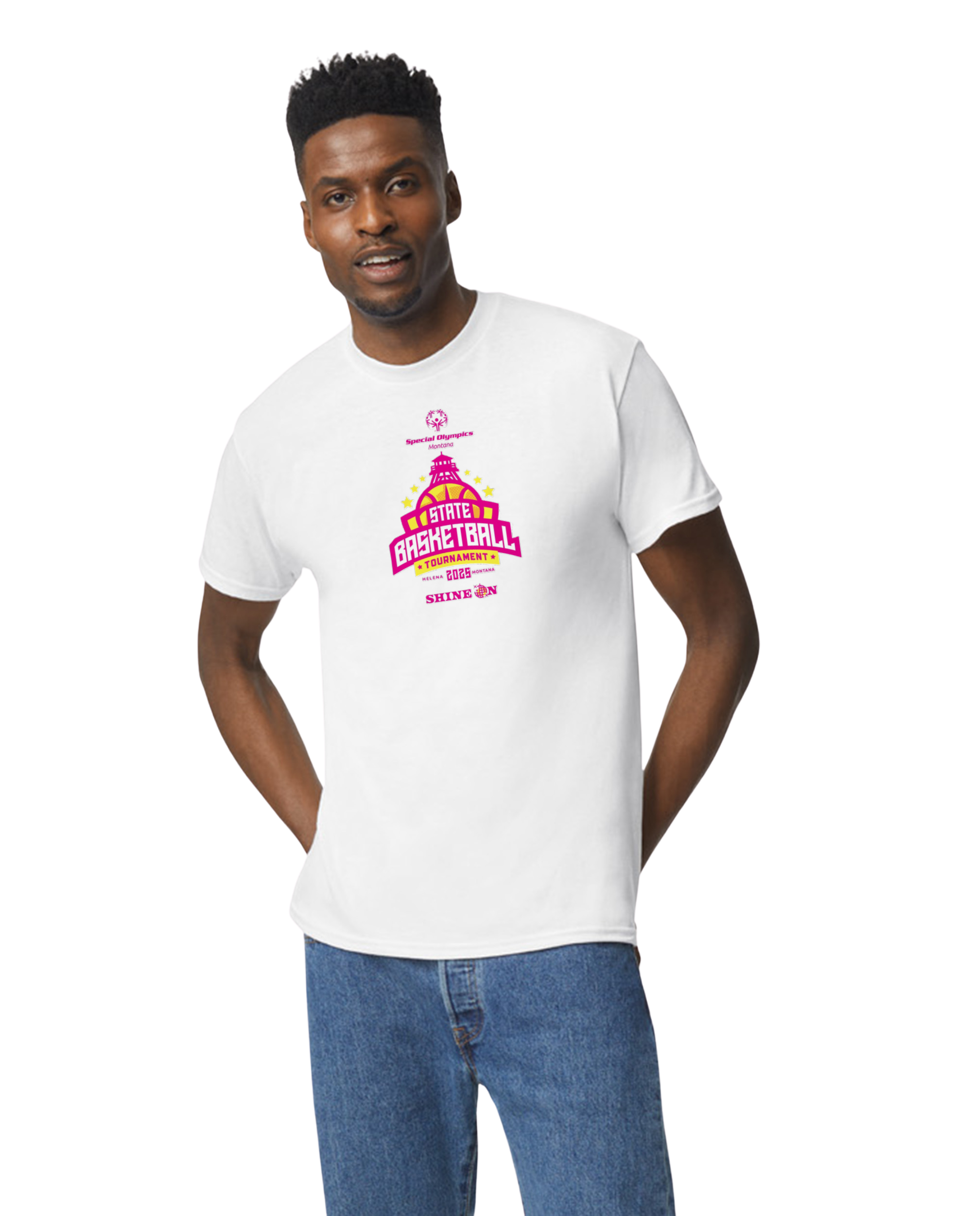 White Short Sleeve T-shirt with Hot Pink State Basketball Tournament logo