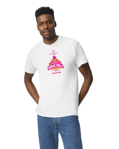 White Short Sleeve T-shirt with Hot Pink State Basketball Tournament logo