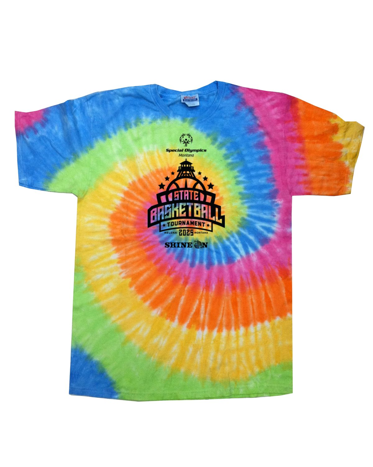 Rainbow Tie-Dye Short Sleeve T-shirt with 2025 State Basketball Tournament logo